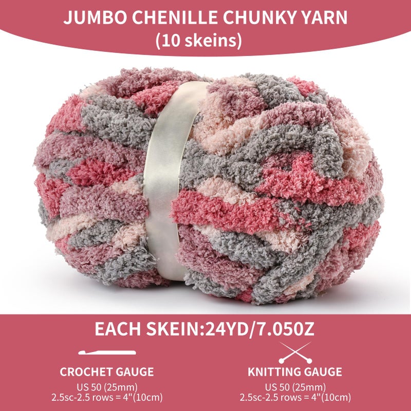 OMoiut 10 Pack Jumbo Chunky Yarn for Hand Knitting, Fluffy Variegated Chunky Chenille Yarn for Crocheting, 240yds/70.5oz Super Bulky Soft Crochet Baby Blanket Yarn(Grey-Pink-Purple) - Image 2