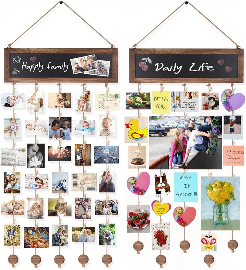 Bikoney 2-Pack Picture Frames Collage Wall Decor Photo Display Photo Board Wood Rustic Frames for Wall Decor and Party with 2 Blackboard and 60 Clips Carbonized Black - Image 1