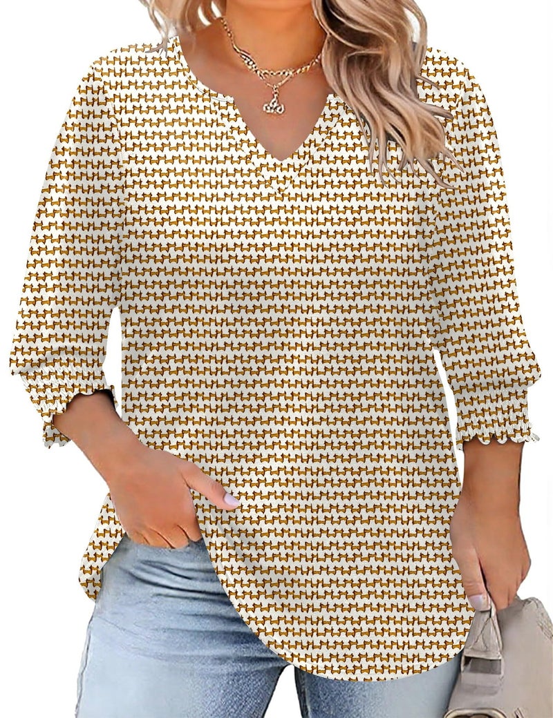 Rapbin Teacher Outfits for Women Plus Size Striped Shirt Elbow Sleeve 3/4 Length Sleeve Summer Fashion Work Blouse (Brown Stripe 2XL) - Image 1