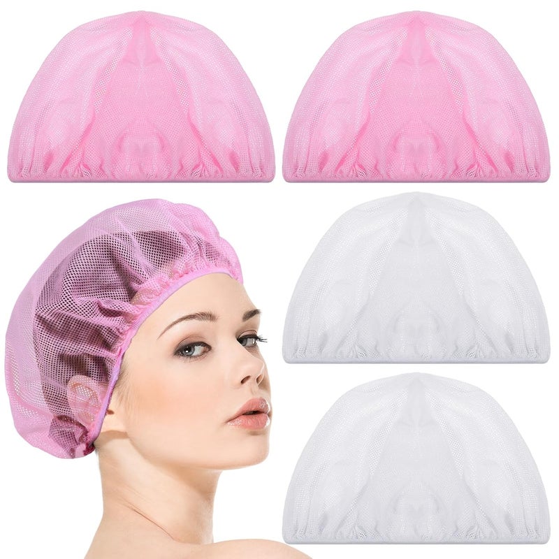 Grevosea 4 Pcs Net Plopping Cap for Drying Curly Hair, Diffuser Cap for Curly Hair Hair Dryer Bonnet with Drawstring Hair Plopping Towel Curly Plopping Cap for Home Use (White+Pink)
