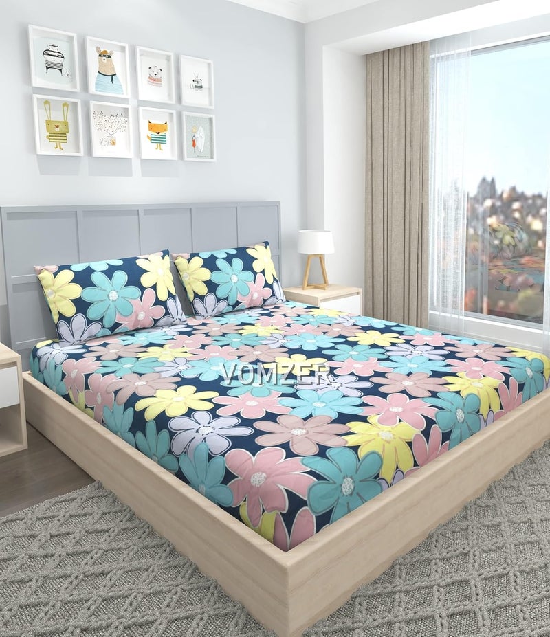 VOMZER 300 Tc Cotton Feel All Around Elastic Fitted Bedsheets King Size Premium Elastic Fitted King Size Bed Sheet For Double Bed With 2 Pillow Covers Size 78 X 72 Multi Flower