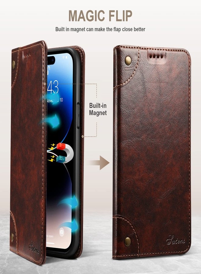 جراب SINIANL متوافق مع iPhone 15 Pro Max، جراب محفظة، غطاء قلاب مع مسند مغناطيسي، حامل بطاقات ائتمان، جراب جلدي بني اللون لهاتف iPhone 15 Pro Max - Image 3