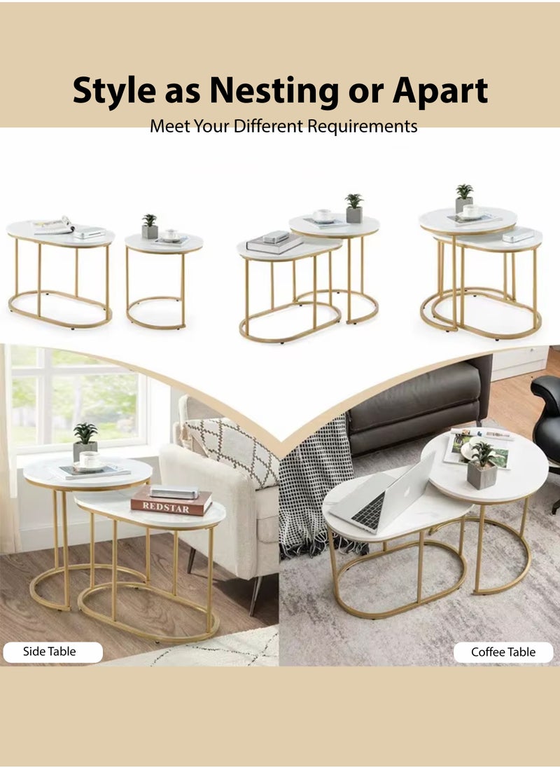 Toshionics - 2 Sets of Modern Round Oval Sintered Stone Top Nesting Coffee Table with Golden Metal Frame for Living Room Bedroom Balcony Offices Hotels Reception Areas Space Saving Stacking Table Sofa Bed Side Table End Table Accent Table Tea Table - Image 1