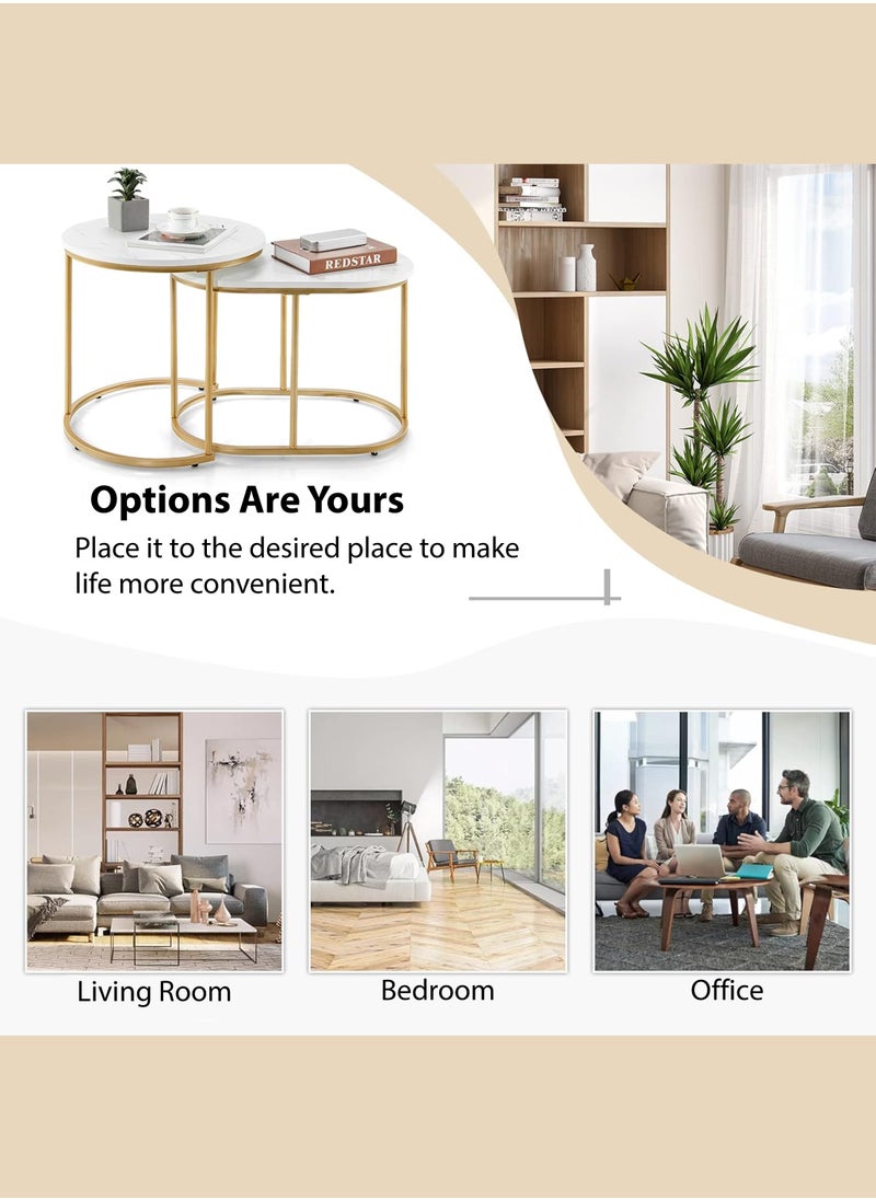 Toshionics - 2 Sets of Modern Round Oval Sintered Stone Top Nesting Coffee Table with Golden Metal Frame for Living Room Bedroom Balcony Offices Hotels Reception Areas Space Saving Stacking Table Sofa Bed Side Table End Table Accent Table Tea Table - Image 1