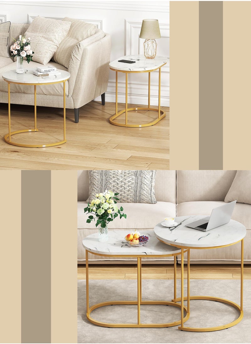 Toshionics - 2 Sets of Modern Round Oval Sintered Stone Top Nesting Coffee Table with Golden Metal Frame for Living Room Bedroom Balcony Offices Hotels Reception Areas Space Saving Stacking Table Sofa Bed Side Table End Table Accent Table Tea Table - Image 1