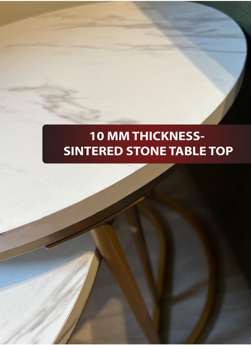 Toshionics - 2 Sets of Modern Round Oval Sintered Stone Top Nesting Coffee Table with Golden Metal Frame for Living Room Bedroom Balcony Offices Hotels Reception Areas Space Saving Stacking Table Sofa Bed Side Table End Table Accent Table Tea Table - Image 1