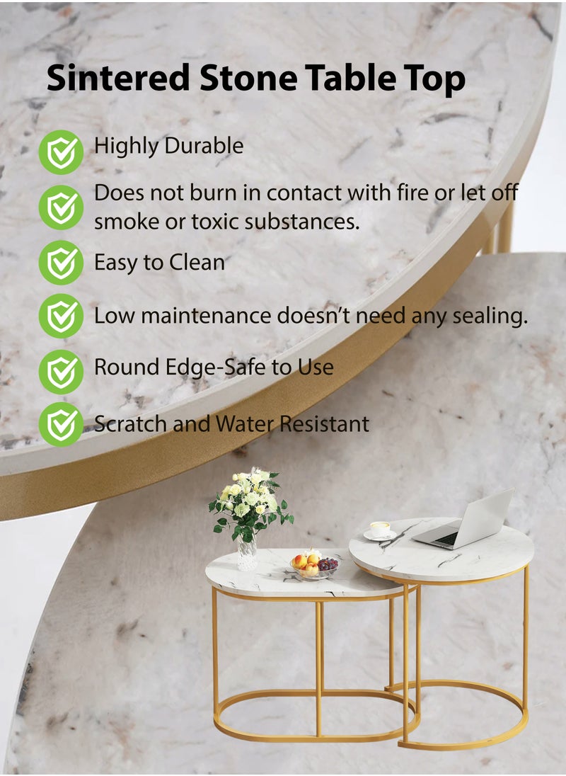 Toshionics - 2 Sets of Modern Round Oval Sintered Stone Top Nesting Coffee Table with Golden Metal Frame for Living Room Bedroom Balcony Offices Hotels Reception Areas Space Saving Stacking Table Sofa Bed Side Table End Table Accent Table Tea Table - Image 1