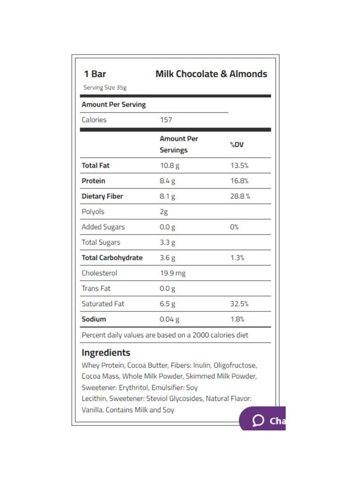 Laperva Keto Bar, Milk Chocolate & Almonds, Less Carb,low Calorie, High Fiber, Vegetarian, Athlete & Keto Friendly, Gluten-free, No Added Sugar, Box of 20 Bars, Low Calories - Image 2