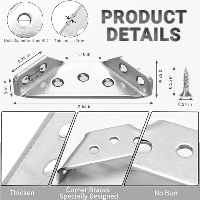 365Home Stainless Steel L Brackets for Wood – Heavy Duty Corner Bracket, Angle Bracket, Corner Brace, L Brackets for Shelf, Table, Cabinet, Drawer, Furniture Connector Hardware (30 Pcs + 210 Screws) - Image 3