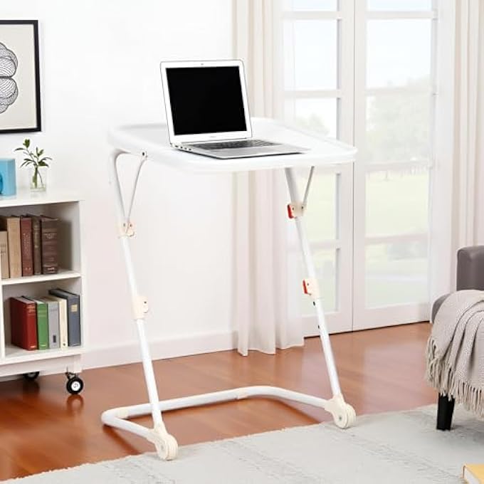 rayihni FOLDING TV TRAY TABLE, ADJUSTABLE SNACK & DINNER TABLE WITH CUP HOLDER, PORTABLE LAPTOP DESK FOR BED & SOFA, 4 HEIGHTS & 3 TILT ANGLES, NO ASSEMBLY REQUIRED, SET OF 1, WHITE - Image 2