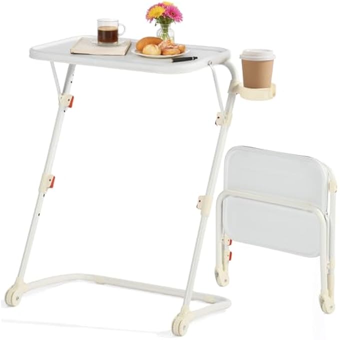 rayihni FOLDING TV TRAY TABLE, ADJUSTABLE SNACK & DINNER TABLE WITH CUP HOLDER, PORTABLE LAPTOP DESK FOR BED & SOFA, 4 HEIGHTS & 3 TILT ANGLES, NO ASSEMBLY REQUIRED, SET OF 1, WHITE - Image 1