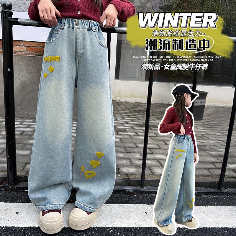 Girls' Jeans New Style Middle And Big Kids Fashion Frying Street Loose Straight Leg Pants Towel Embroidered Love Wide Leg Pants - Image 3