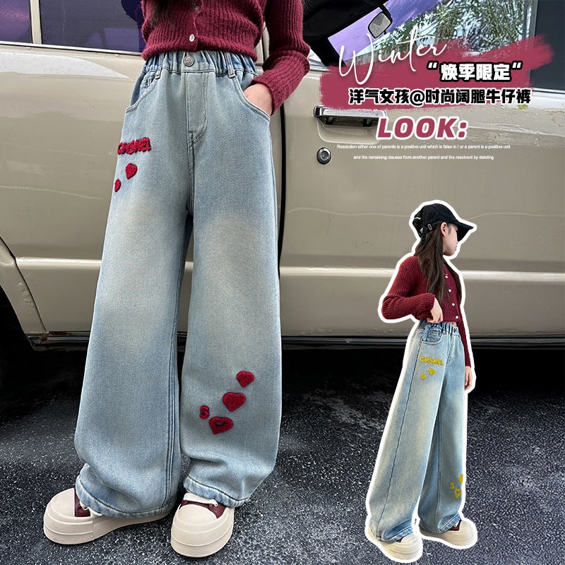 Girls' Jeans New Style Middle And Big Kids Fashion Frying Street Loose Straight Leg Pants Towel Embroidered Love Wide Leg Pants - Image 2