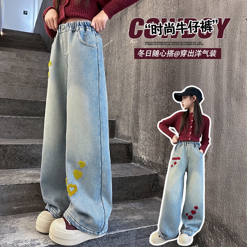 Girls' Jeans New Style Middle And Big Kids Fashion Frying Street Loose Straight Leg Pants Towel Embroidered Love Wide Leg Pants - Image 5