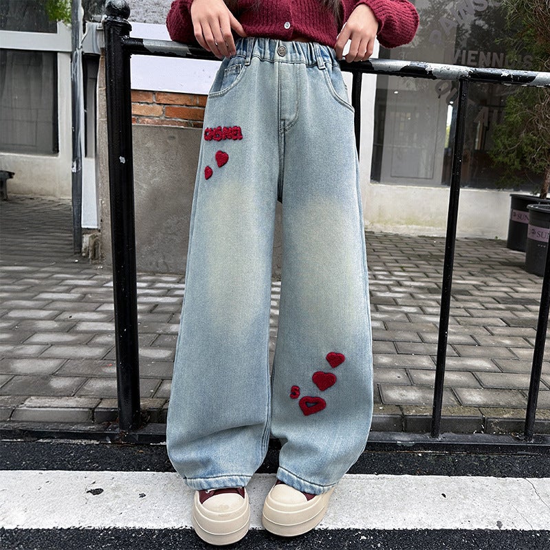 Girls' Jeans New Style Middle And Big Kids Fashion Frying Street Loose Straight Leg Pants Towel Embroidered Love Wide Leg Pants - Image 4