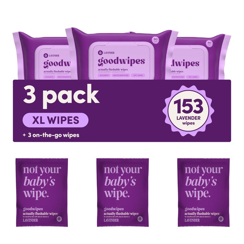 goodwipes Flushable Butt Wipes - Vitamin E & Aloe - Sewer & Septic Safe - Extra Large Adult Wet Wipes For Women & Men - Bathroom Essentials - Lavender, 153 Count (3 Packs + 3 Individually Wrapped) - Image 1