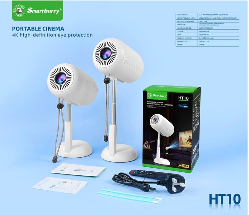 Smartbarry HT10 Portable LED Projector with 4K Support, Wireless & Wired Screen Casting, HiFi Sound, Built-in Hidden Stand, Compact Home Theater Projector – White