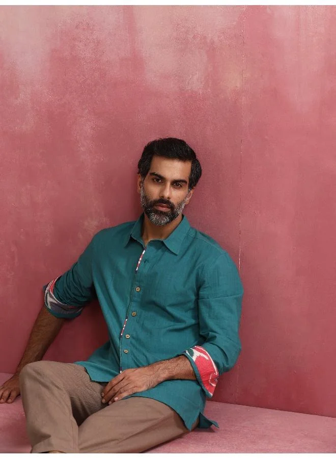 ترو برونز Men's Teal Cotton Shirt