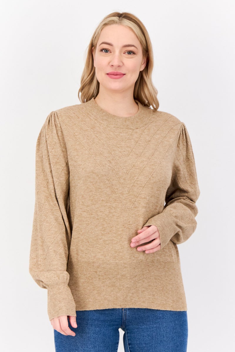 Madison + Hudson Women Mock Neck Puff Sleeves Heather Sweater, Tan - Image 1