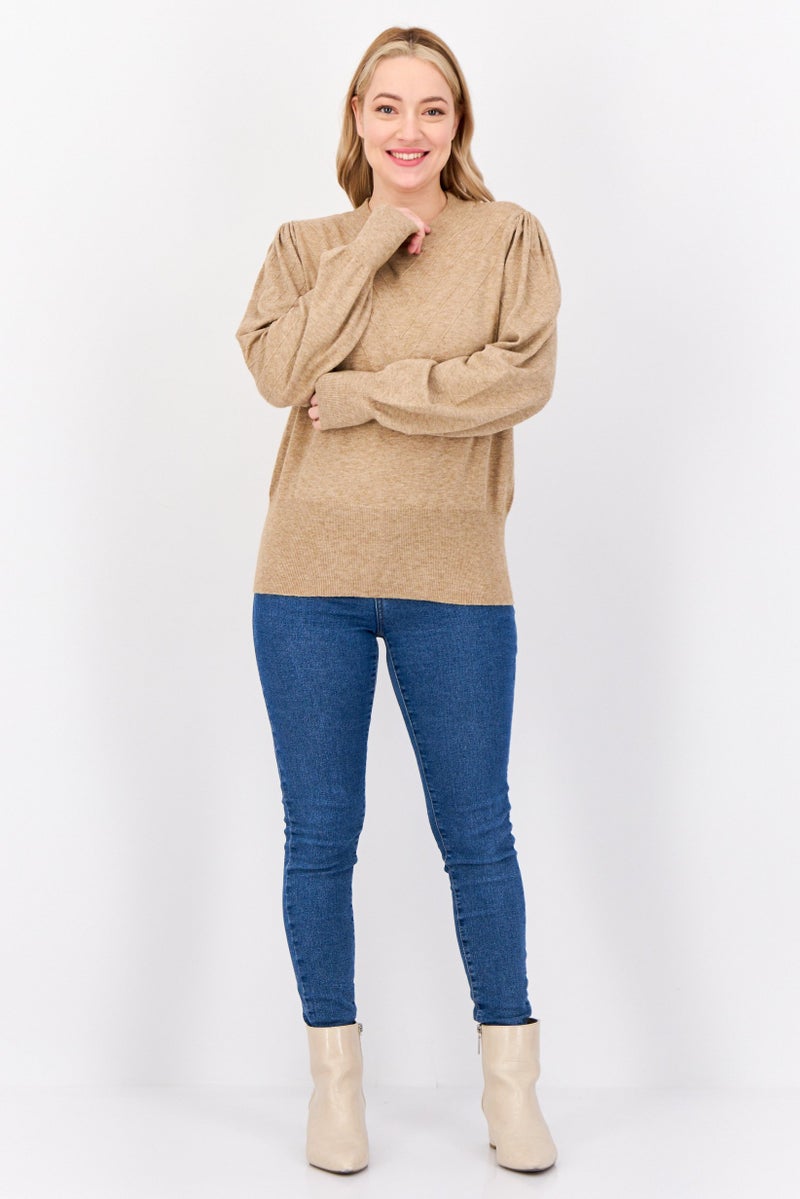 Madison + Hudson Women Mock Neck Puff Sleeves Heather Sweater, Tan - Image 3