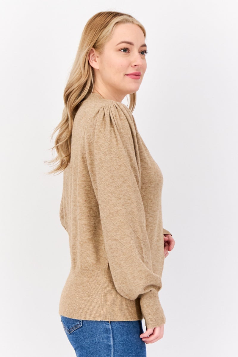 Madison + Hudson Women Mock Neck Puff Sleeves Heather Sweater, Tan - Image 4