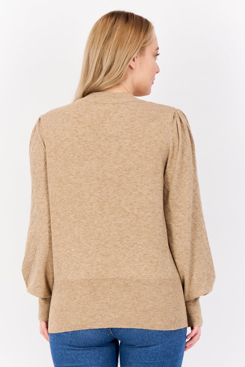 Madison + Hudson Women Mock Neck Puff Sleeves Heather Sweater, Tan - Image 2