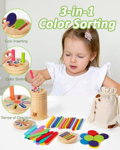 oazoxcx Wooden Sorting Toy for Toddlers 13 Fine Motor Skills Toys3 in 1Baby Coin Bank Color Matching Game Sensory Educational Toy for Boys Girls Travel Activities - Image 5