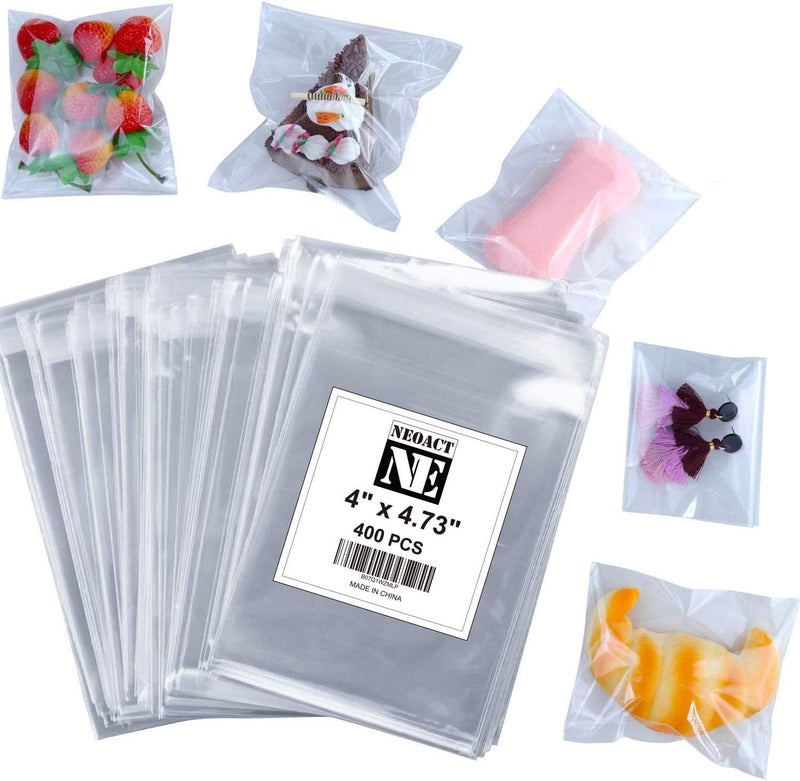 NEOACT 400 Pcs 4"x4.73" Clear Resealable Cellophane Bags Good for Bakery, Candle, Soap, Cookie Poly Bags - Image 1