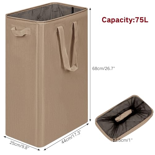 efluky Slim Laundry Basket Narrow Laundry Hamper with Handles Collapsible Dirty Clothes Hamper Tall Laundry Bin for Laundry Room Dorm and Bedroom 198 Gallon 75L Flax Brown - Image 3