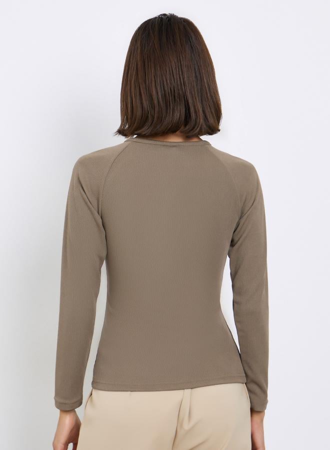 Styli Brown Ribbed Henley Neck T-Shirt - Image 4