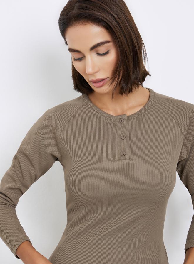 Styli Brown Ribbed Henley Neck T-Shirt - Image 1