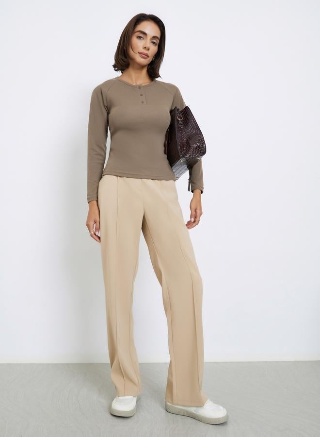 Styli Brown Ribbed Henley Neck T-Shirt - Image 3