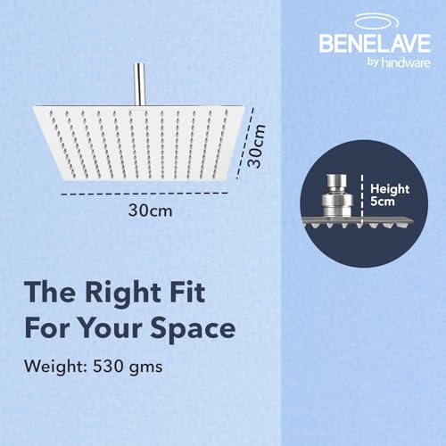 hindware Benelave by Hindware Ultra Thin Overhead Rain Shower for Bathroom | Made of SS | 300mm Square Design | Mirror-like Chrome Polish Finish | Wider Head for Better Reach | 1-Year Manufacturer Warranty - Image 3
