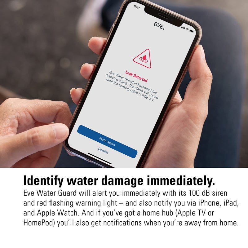Eve Water Guard - كاشف تسرب المياه الذكي للمنزل، كابل استشعار بطول 6.5 قدم، صفارة إنذار 100 ديسيبل، (Apple HomeKit)، إشعارات عبر التطبيق، بلوتوث، Thread - Image 5