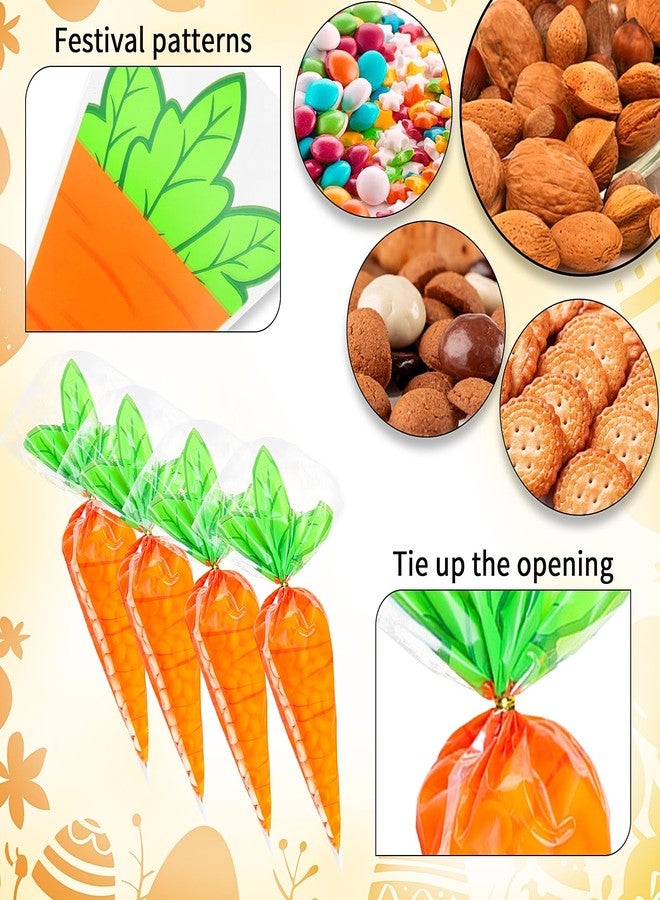 Doneace Easter Cellophane Goodie Bags 50Pcs Carrot Transparent Cone Cello Bags, Easter Treat Bags Carrot Shaped Goody Bags with Twist Ties for Easter Party Favor, Cookies, Candy, Popcorn - Image 3