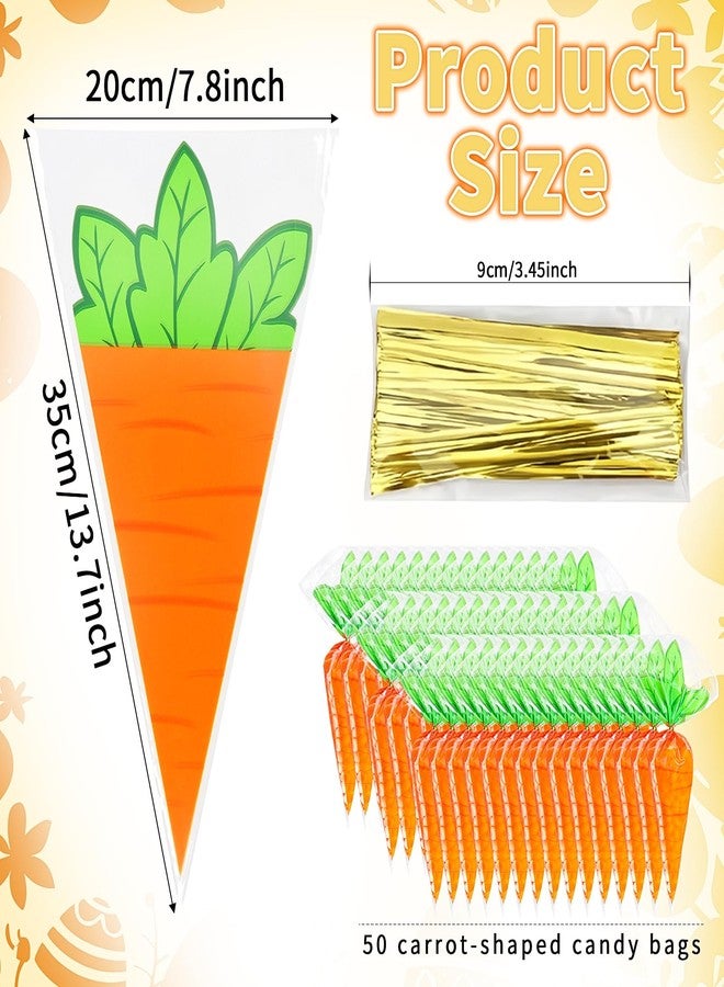 Doneace Easter Cellophane Goodie Bags 50Pcs Carrot Transparent Cone Cello Bags, Easter Treat Bags Carrot Shaped Goody Bags with Twist Ties for Easter Party Favor, Cookies, Candy, Popcorn - Image 2