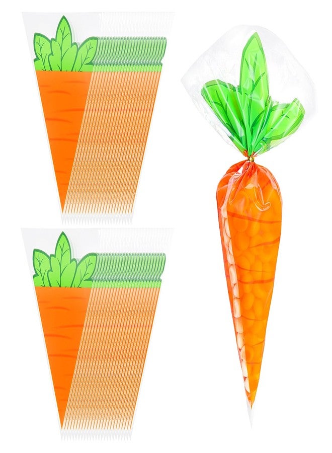 Doneace Easter Cellophane Goodie Bags 50Pcs Carrot Transparent Cone Cello Bags, Easter Treat Bags Carrot Shaped Goody Bags with Twist Ties for Easter Party Favor, Cookies, Candy, Popcorn - Image 1