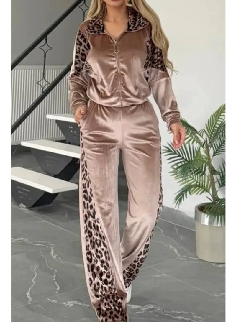 general Leopard print contrast-colored long pants long-sleeved home wear set - Image 1