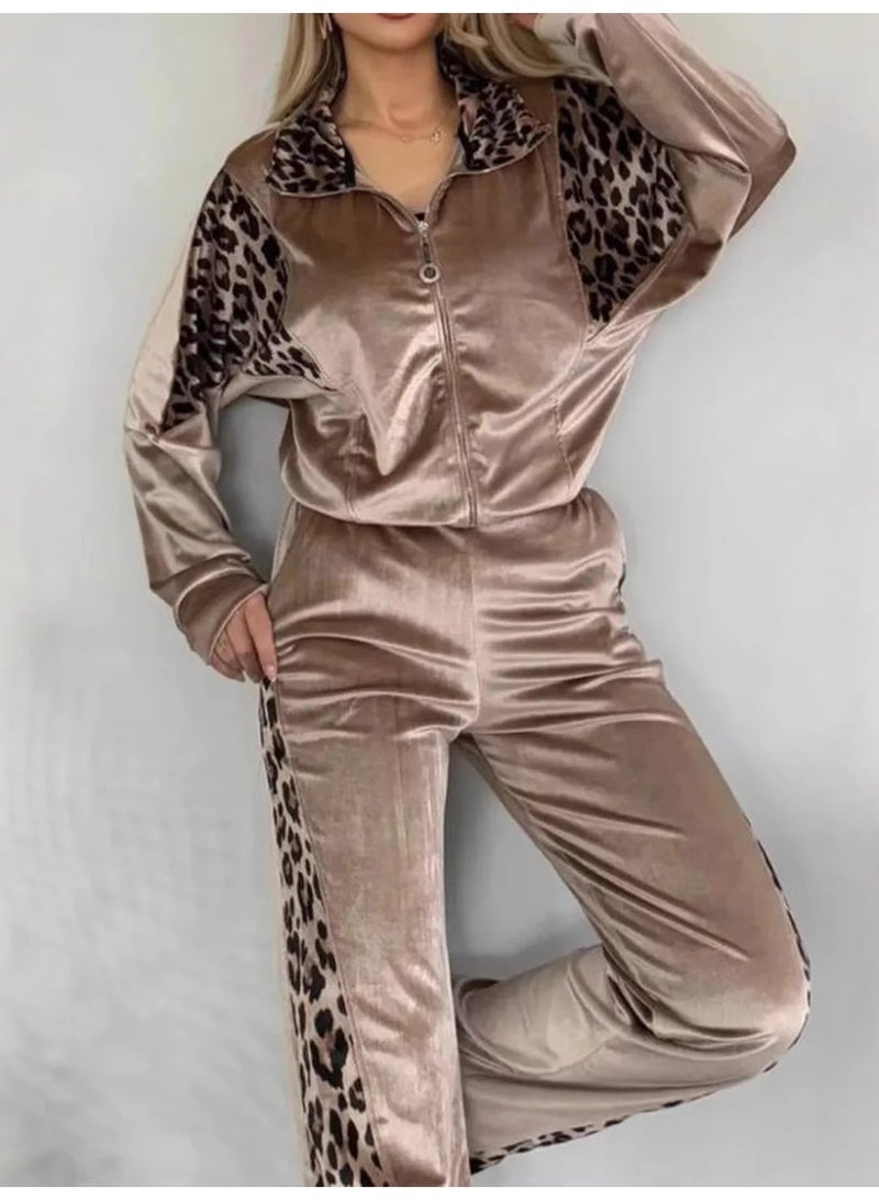 general Leopard print contrast-colored long pants long-sleeved home wear set - Image 2