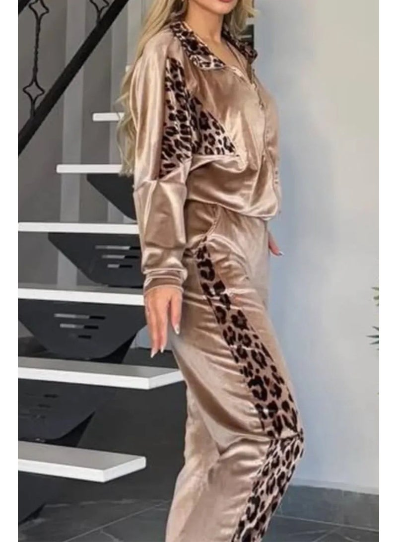 general Leopard print contrast-colored long pants long-sleeved home wear set - Image 3