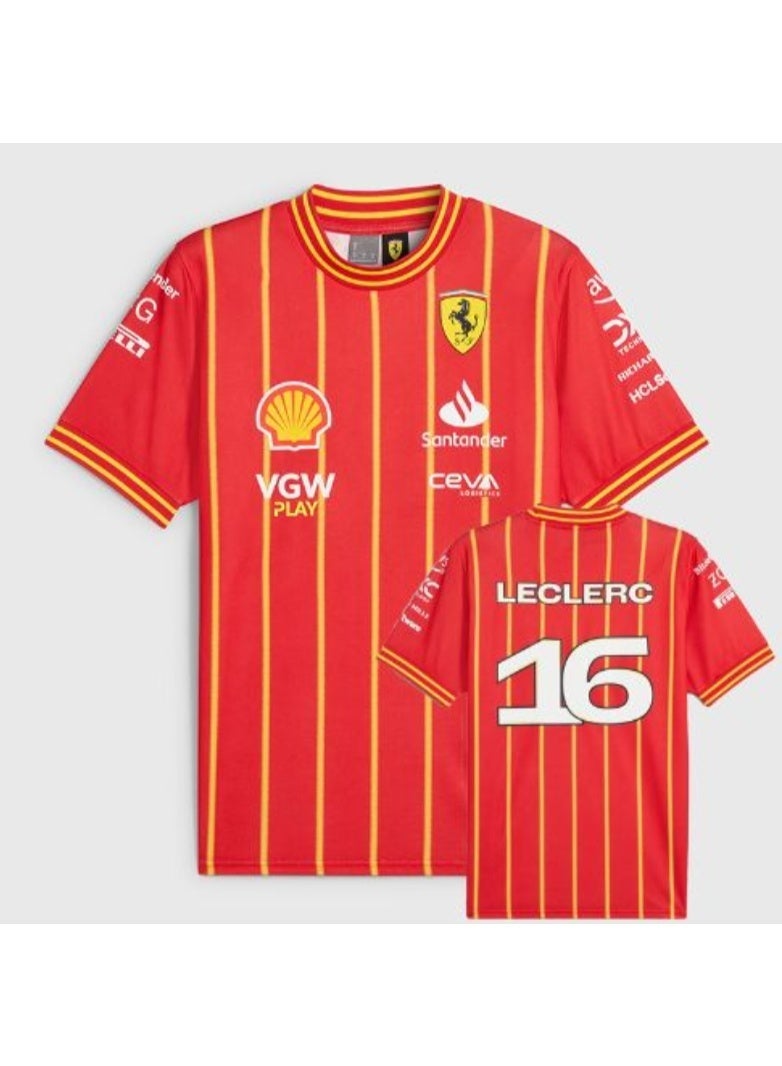 Ferrari Formula 1 Team Charles Leclerc #16 Replica Jersey with Sponsor Logos and Red-Yellow Striped Design - Image 1