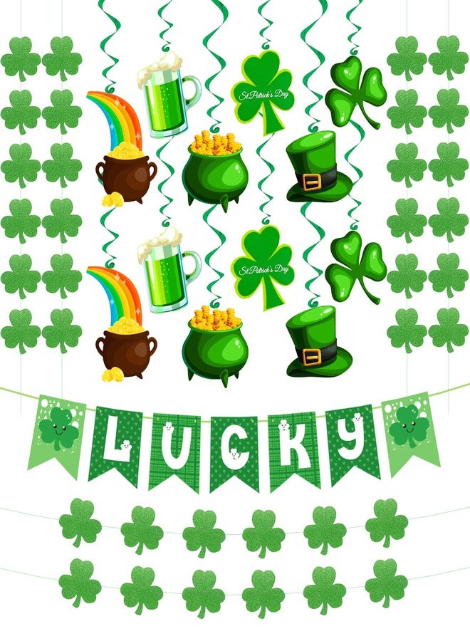 Yunfan 31Pcs St Patricks Day Decorations Pre-Assembled Shamrock Lucky Banner Garlands Clover Hanging Swirls Irish Decor for Home Saint Patrick Party Supplies - Image 1