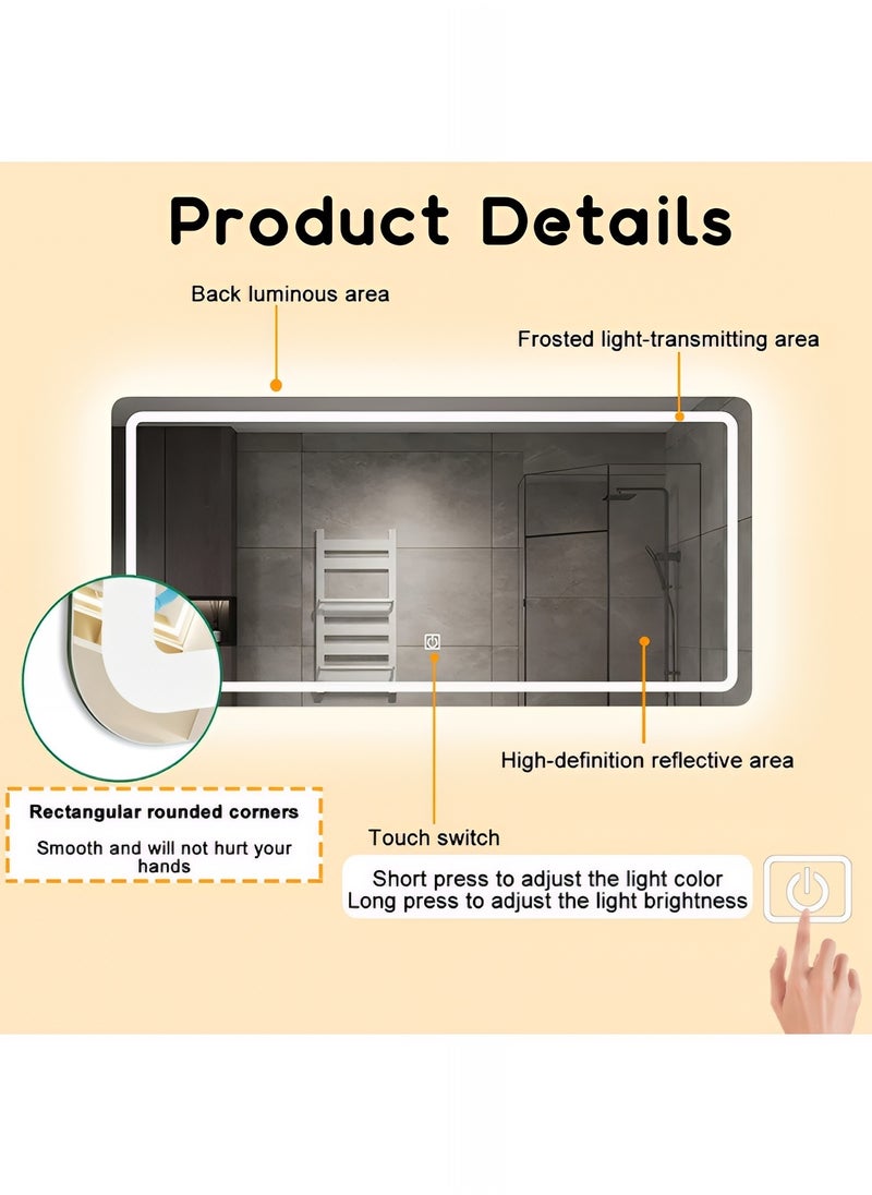 Furniture Factory - Bathroom Mirror with Front and Back LED lights Touch Control, Wall Mounted Mirror with 3 Adjustable Light Colors For Bathroom, Bedroom, Vanity - 130x80cm - Image 1