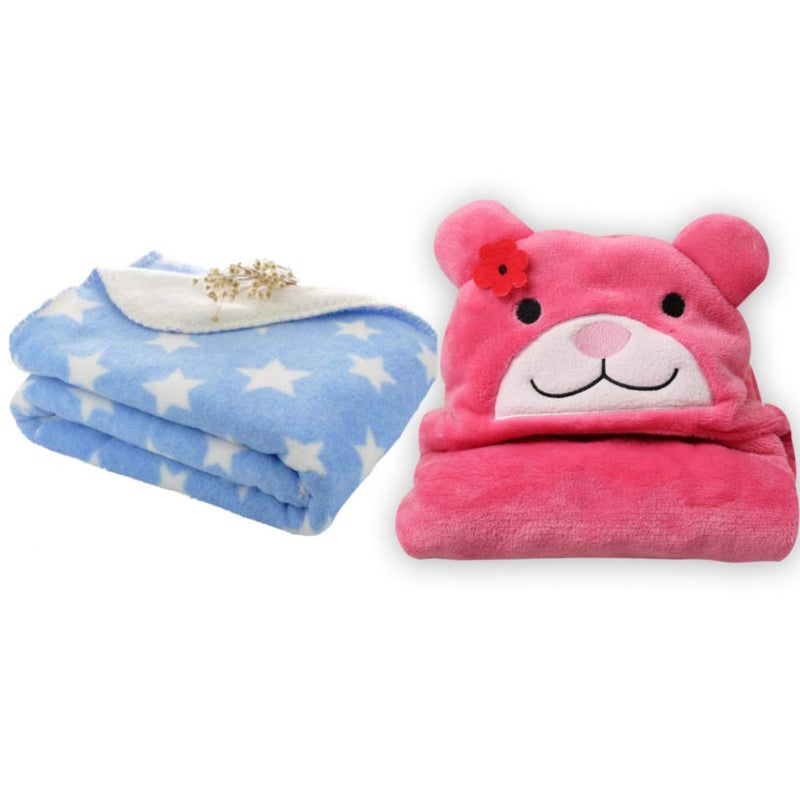 BRANDONN All Season Supersoft Hooded and Printed Baby Blanket and Baby Bath Towel Pack of 2 - Image 1