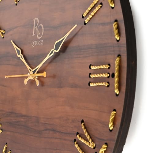 REGIIS OPERA Wooden Round Shape Roman Dial Wall Clock with Golden Hand & Golden Zari Rope Detailing | Stylish Silent Quartz Movement Anti Reflection Analog Vintage Clock for Home (Brown, 15.5 Inch) - Image 5