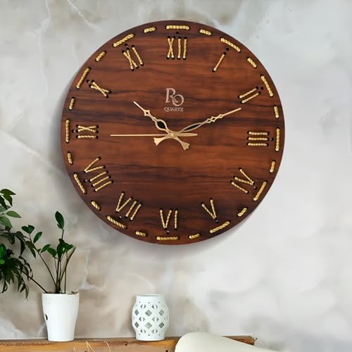 REGIIS OPERA Wooden Round Shape Roman Dial Wall Clock with Golden Hand & Golden Zari Rope Detailing | Stylish Silent Quartz Movement Anti Reflection Analog Vintage Clock for Home (Brown, 15.5 Inch) - Image 1