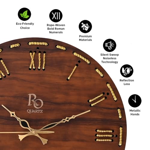 REGIIS OPERA Wooden Round Shape Roman Dial Wall Clock with Golden Hand & Golden Zari Rope Detailing | Stylish Silent Quartz Movement Anti Reflection Analog Vintage Clock for Home (Brown, 15.5 Inch) - Image 3