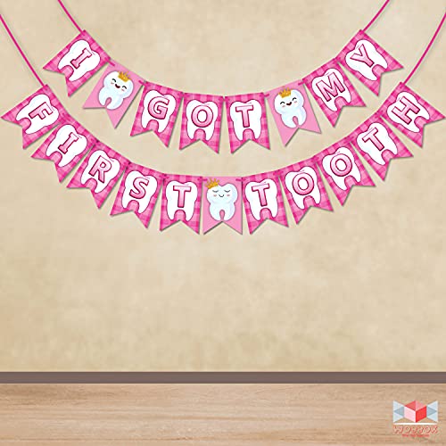 Wobbox First Tooth Photo Booth Party Props (13 Pcs) with I Got My 1st Tooth Check Pattern Bunting Banner, Pink Colour Stylish Font, First Tooth Decoration, First Tooth Decoration Items for Baby - Image 4