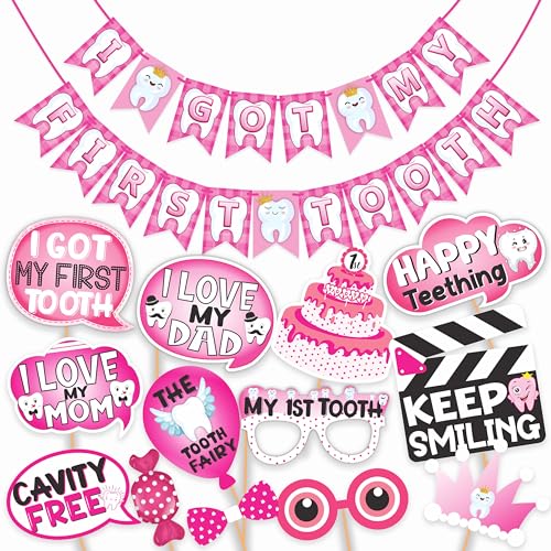 Wobbox First Tooth Photo Booth Party Props (13 Pcs) with I Got My 1st Tooth Check Pattern Bunting Banner, Pink Colour Stylish Font, First Tooth Decoration, First Tooth Decoration Items for Baby - Image 1