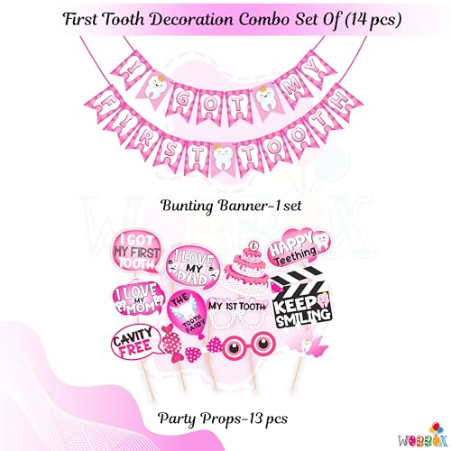Wobbox First Tooth Photo Booth Party Props (13 Pcs) with I Got My 1st Tooth Check Pattern Bunting Banner, Pink Colour Stylish Font, First Tooth Decoration, First Tooth Decoration Items for Baby - Image 2
